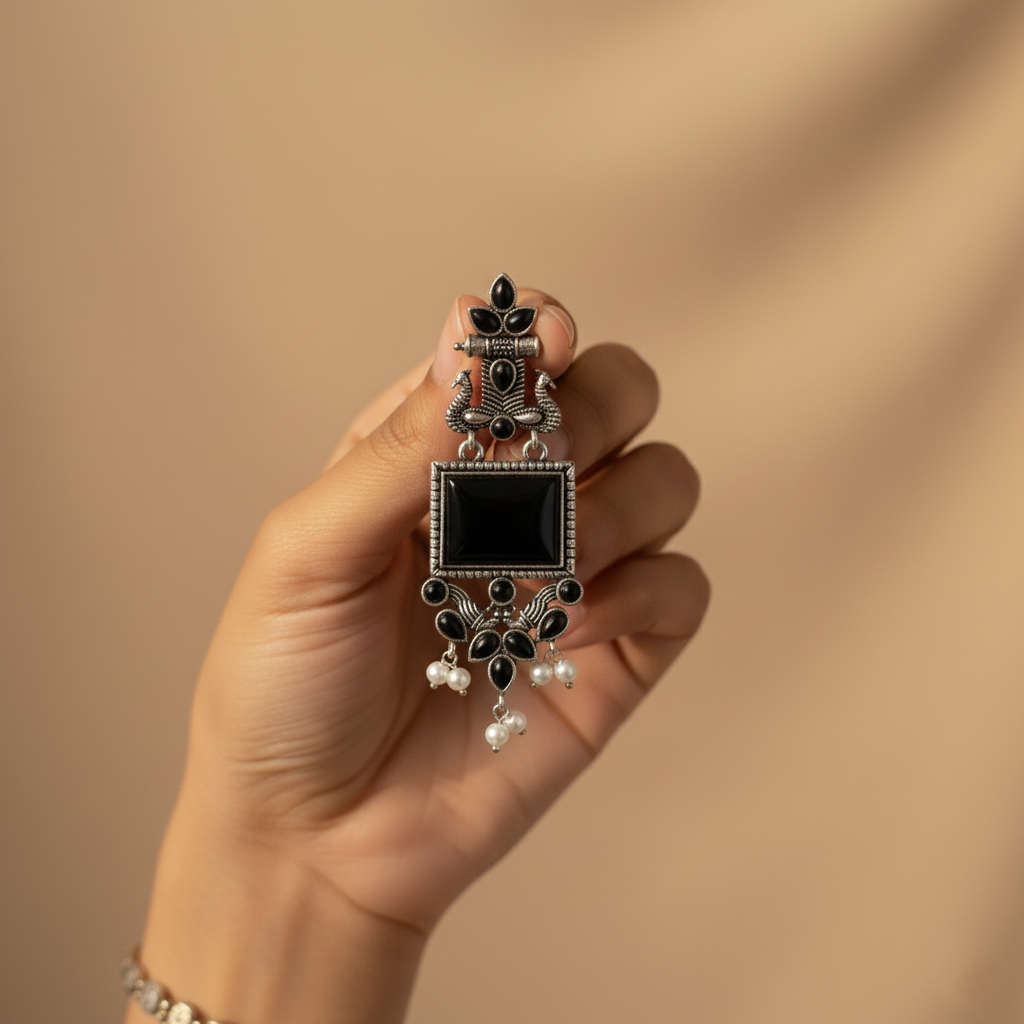 Combo of Oxidized Silver Peacock Dangler Earrings – Green Stone & Black Stone Set