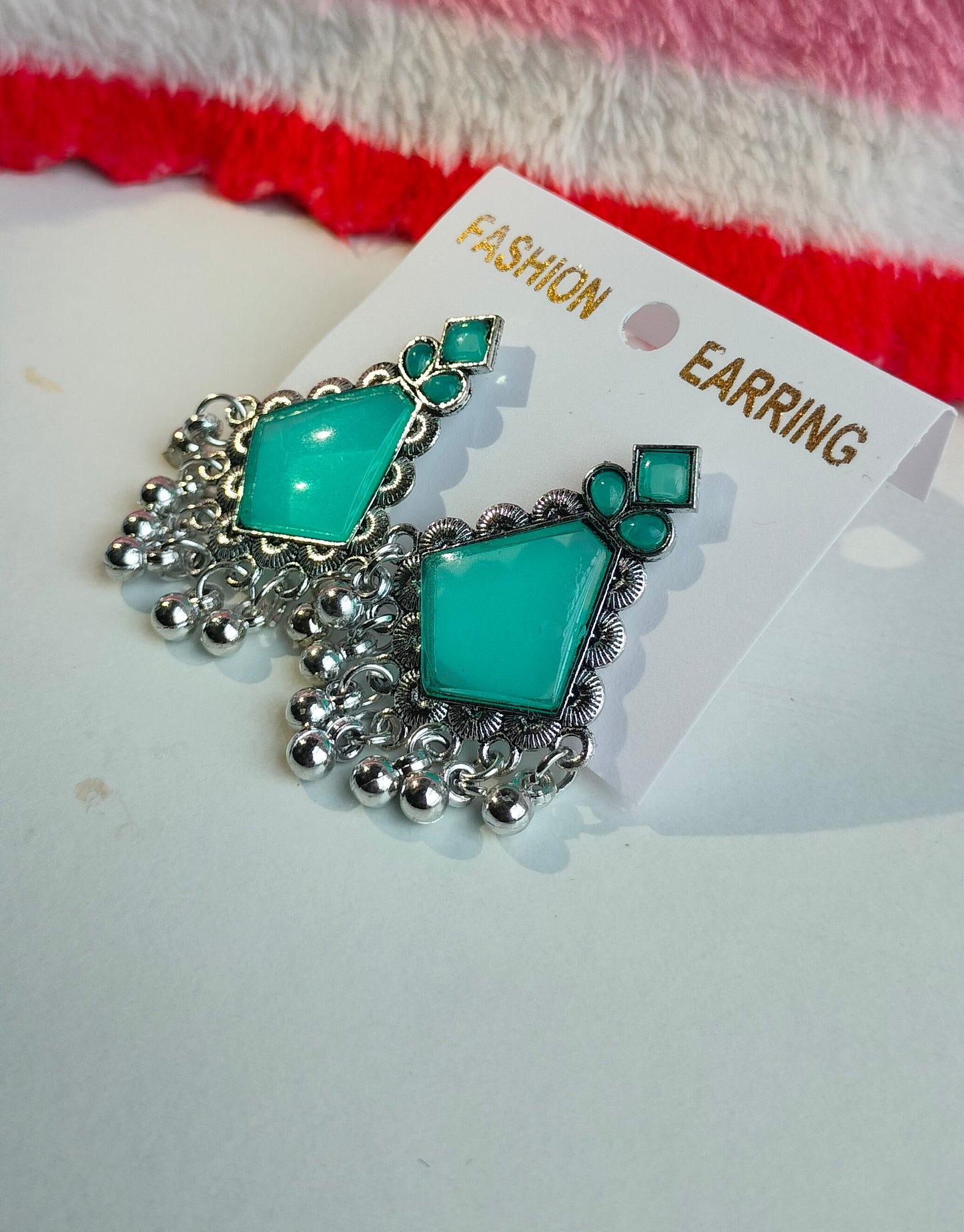 Oxidized Silver Hexagon Earrings with Rama Green Stone & Pearl Drops – Elegant Ethnic Jewelry for Women