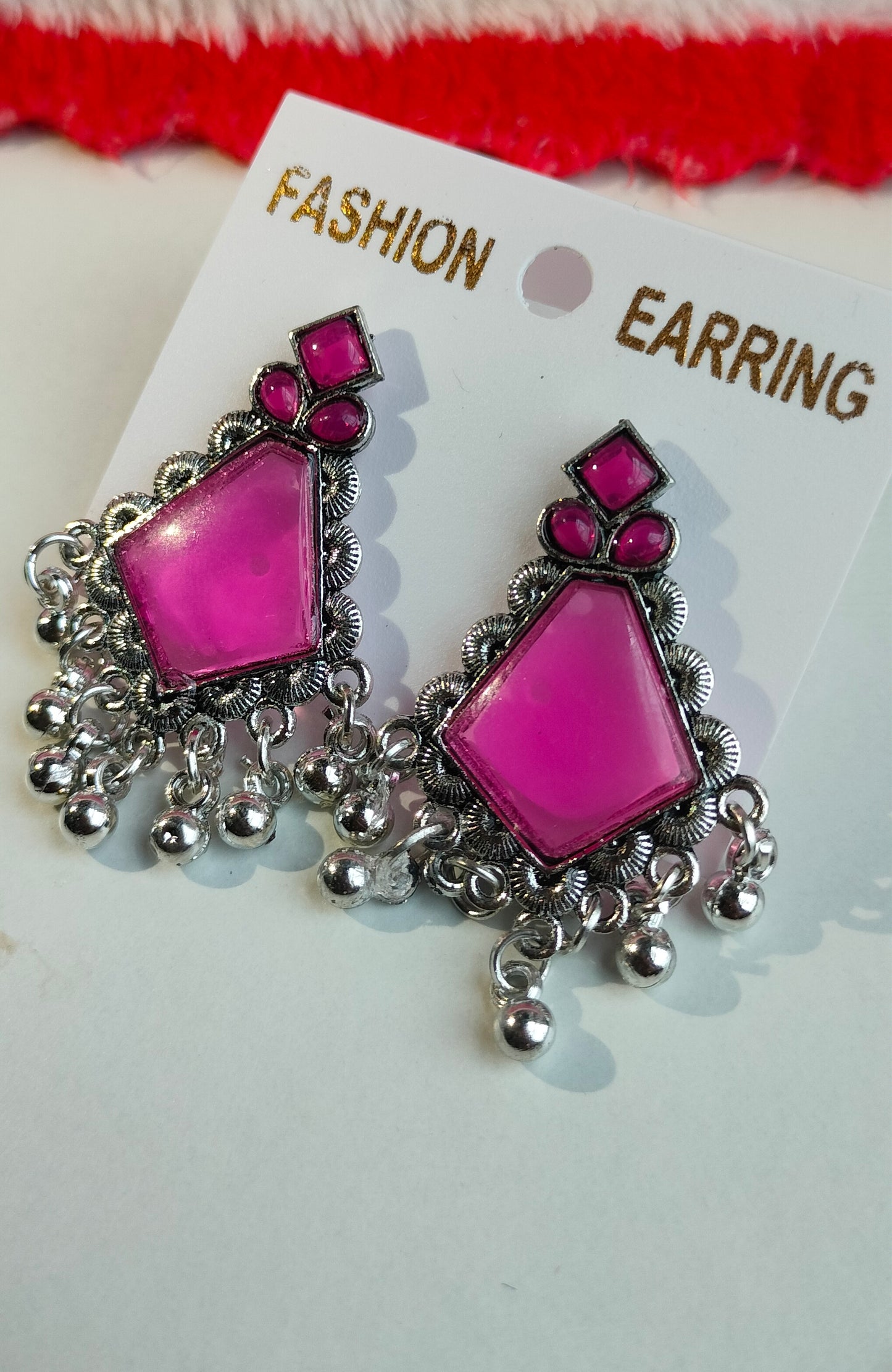 Oxidized Silver Hexagon Earrings with Rani Pink Stone & Pearl Drops – Elegant Ethnic Jewelry for Women