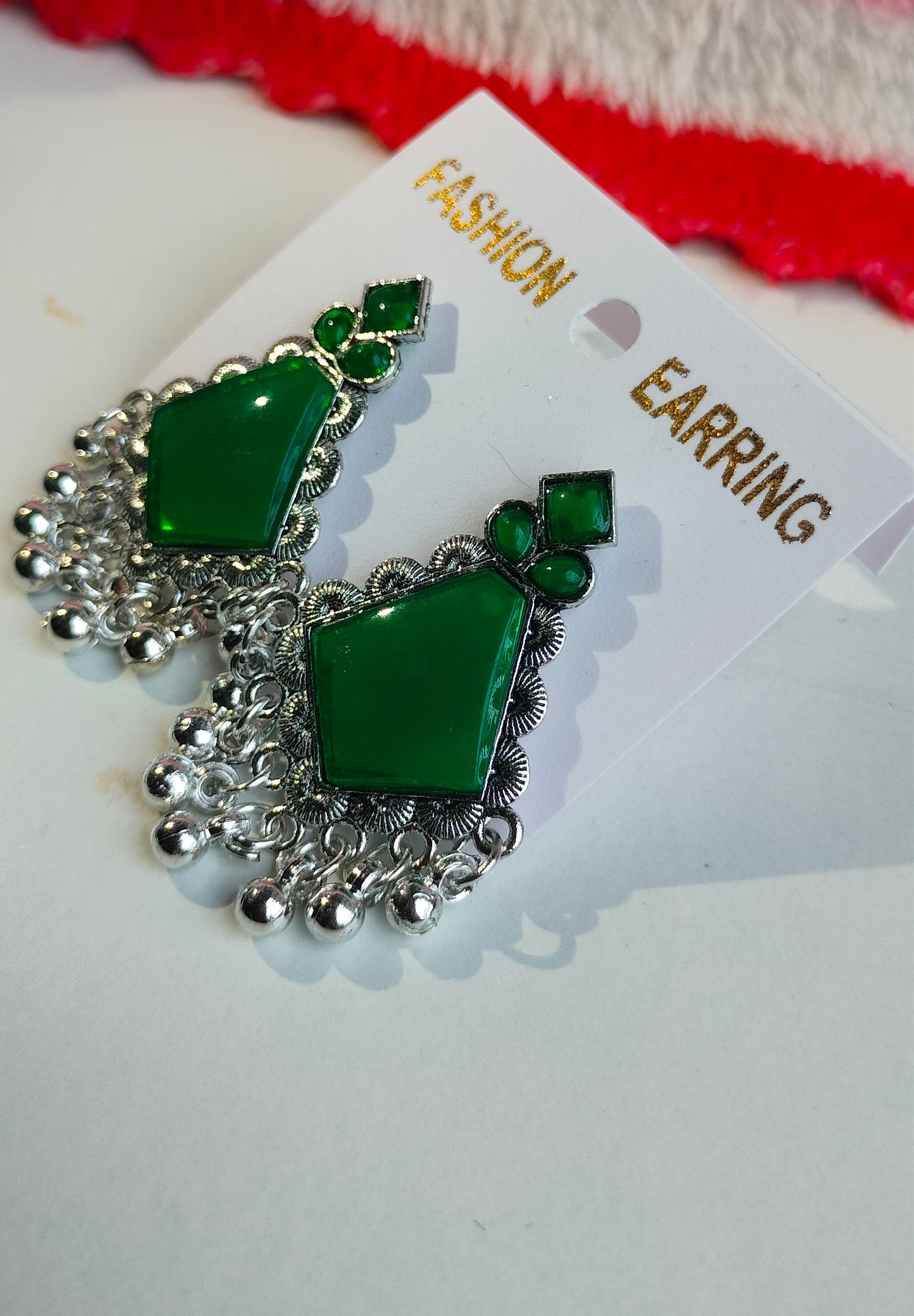 Oxidized Silver Hexagon Earrings with Green Stone & Pearl Drops – Elegant Ethnic Jewelry for Women
