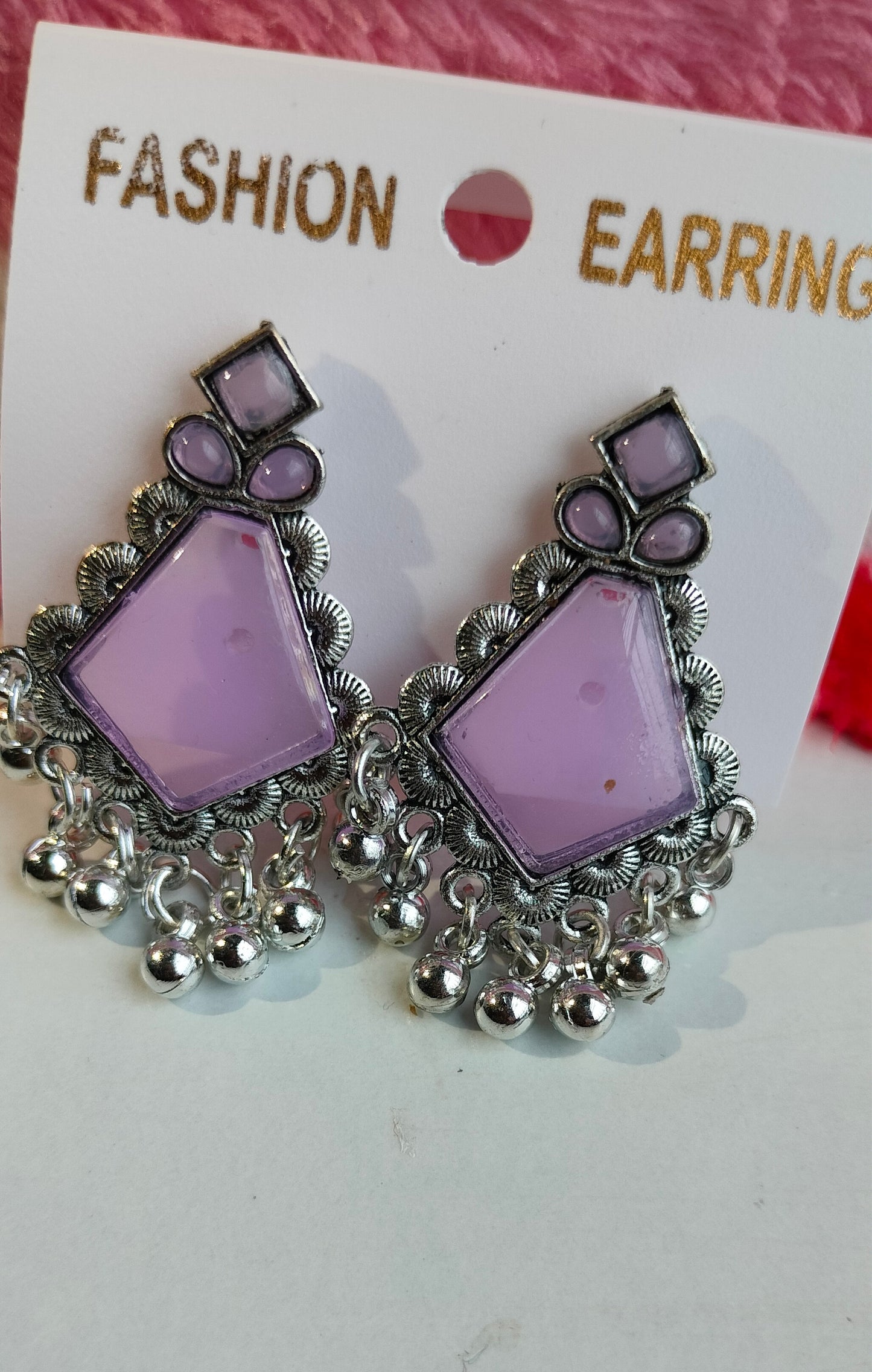 Oxidized Silver Hexagon Earrings with Purple Stone & Pearl Drops – Elegant Ethnic Jewelry for Women