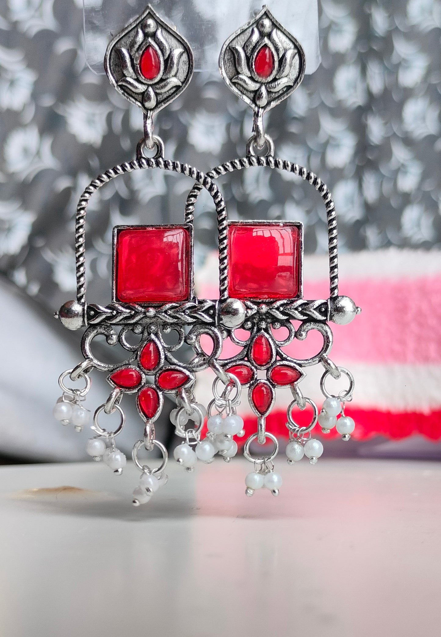 Oxidised Silver Red Square Dangler Earrings with Pearl Drops – Party Wear Jewelry for Women & Girls