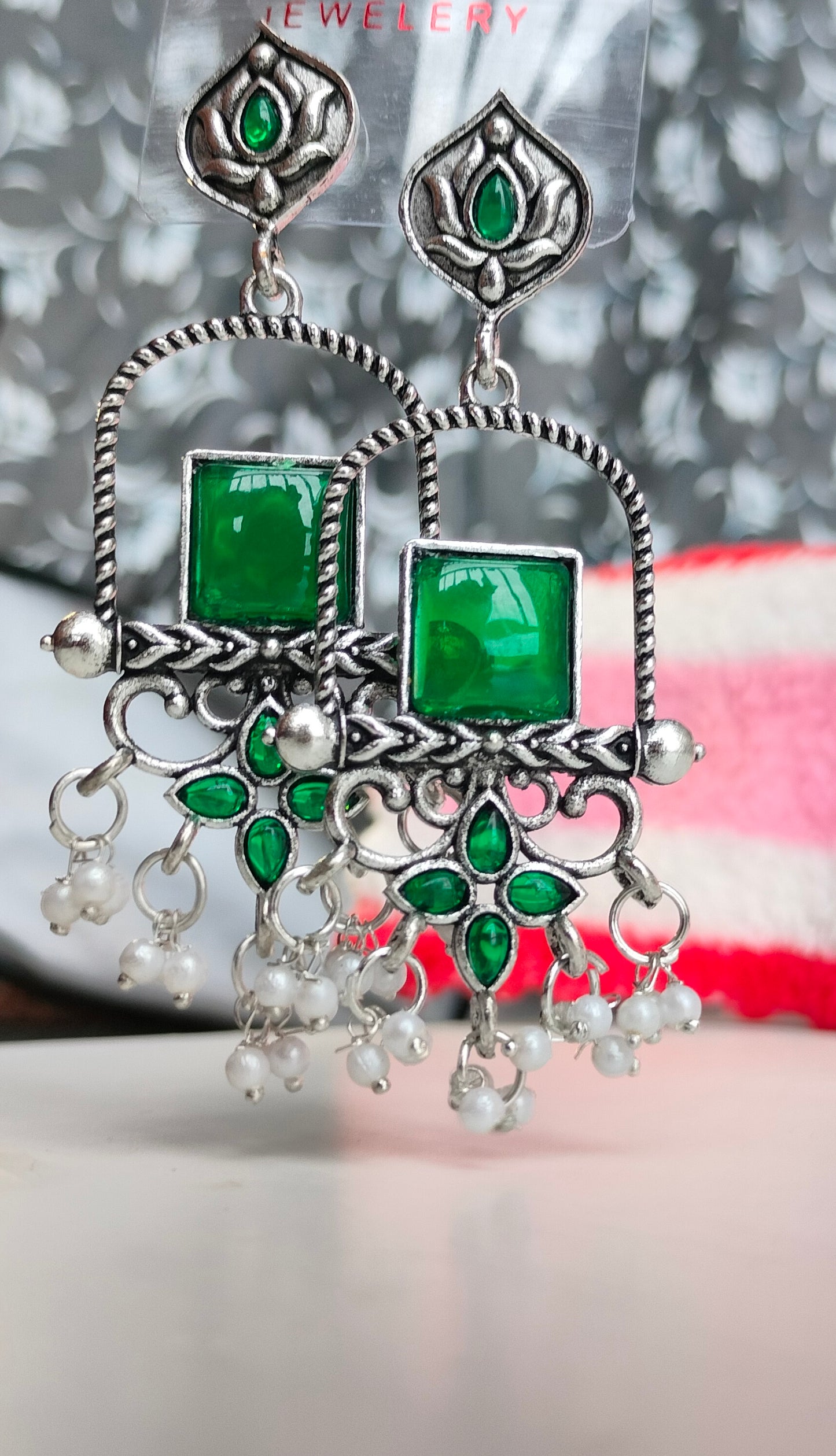 Oxidised Silver Green Square Dangler Earrings with Pearl Drops – Party Wear Jewelry for Women & Girls