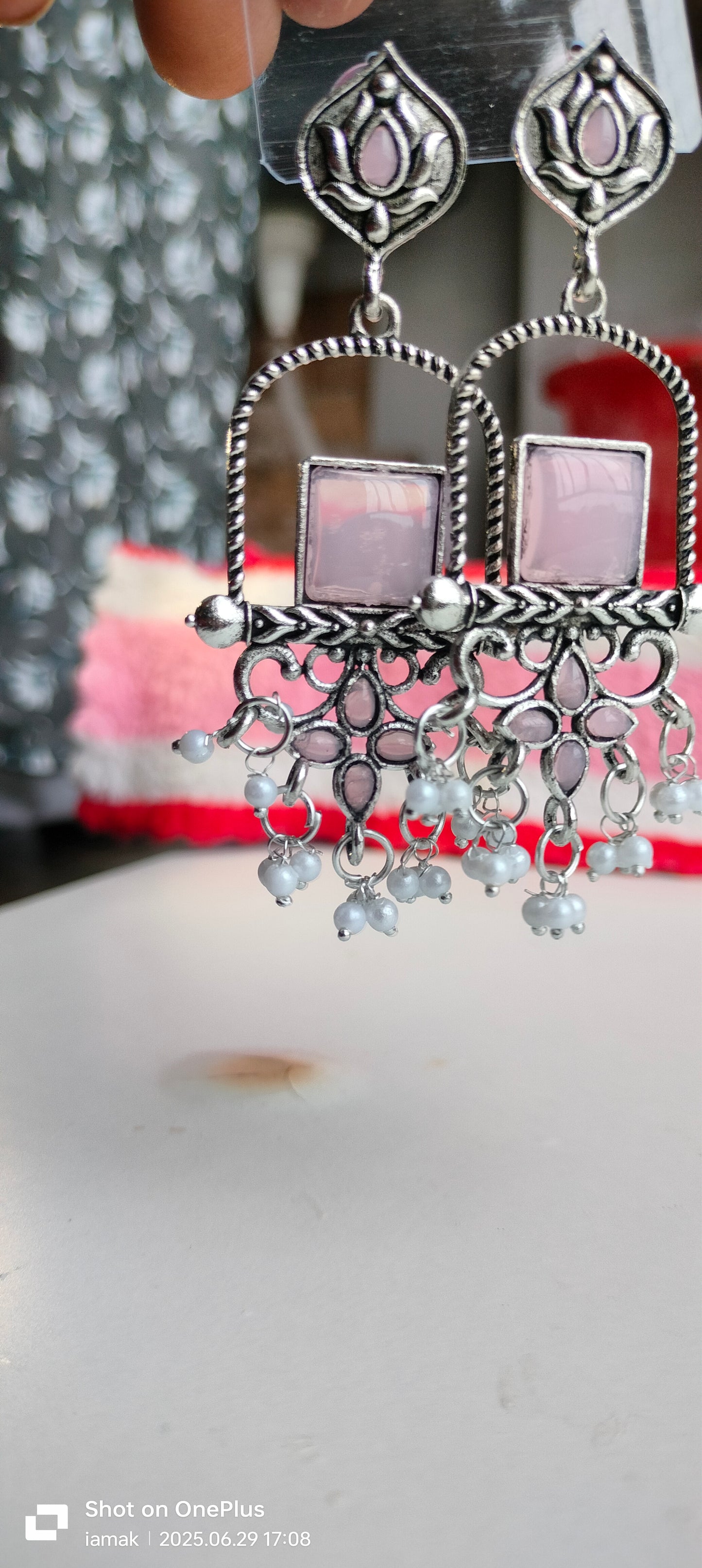 Oxidised Silver Light Pink Square Dangler Earrings with Pearl Drops – Party Wear Jewelry for Women & Girls