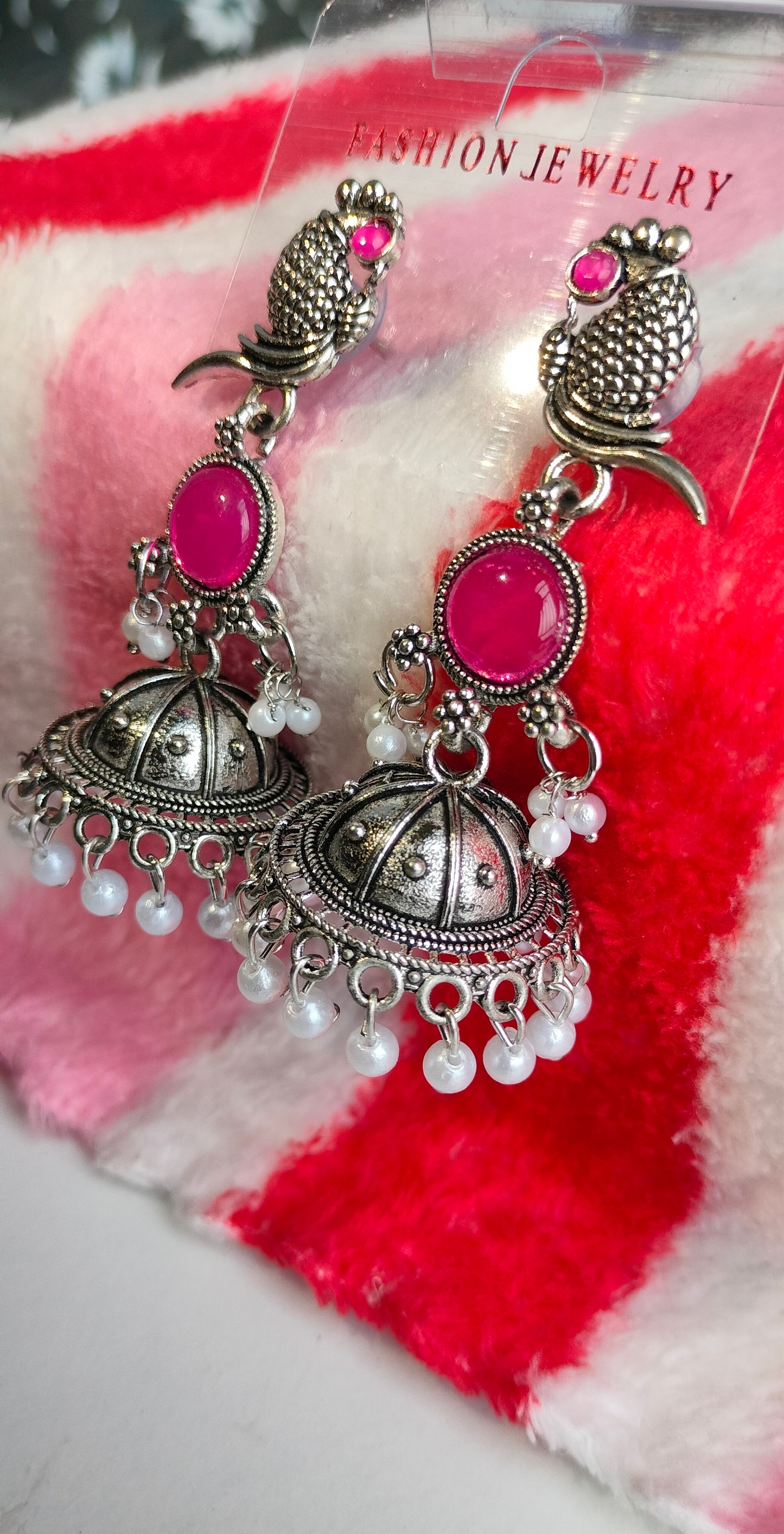 Oxidized Silver Peacock Jhumka Earrings with Pink Stone & Pearl Drops – Traditional Ethnic Jewelry for Women