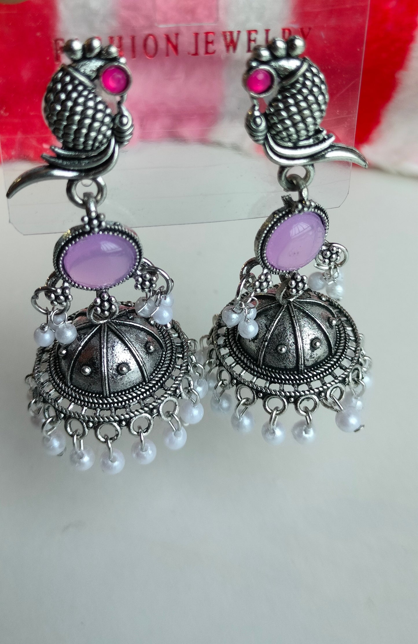 Oxidized Silver Peacock Jhumka Earrings with Purple Stone & Pearl Drops – Traditional Ethnic Jewelry for Women