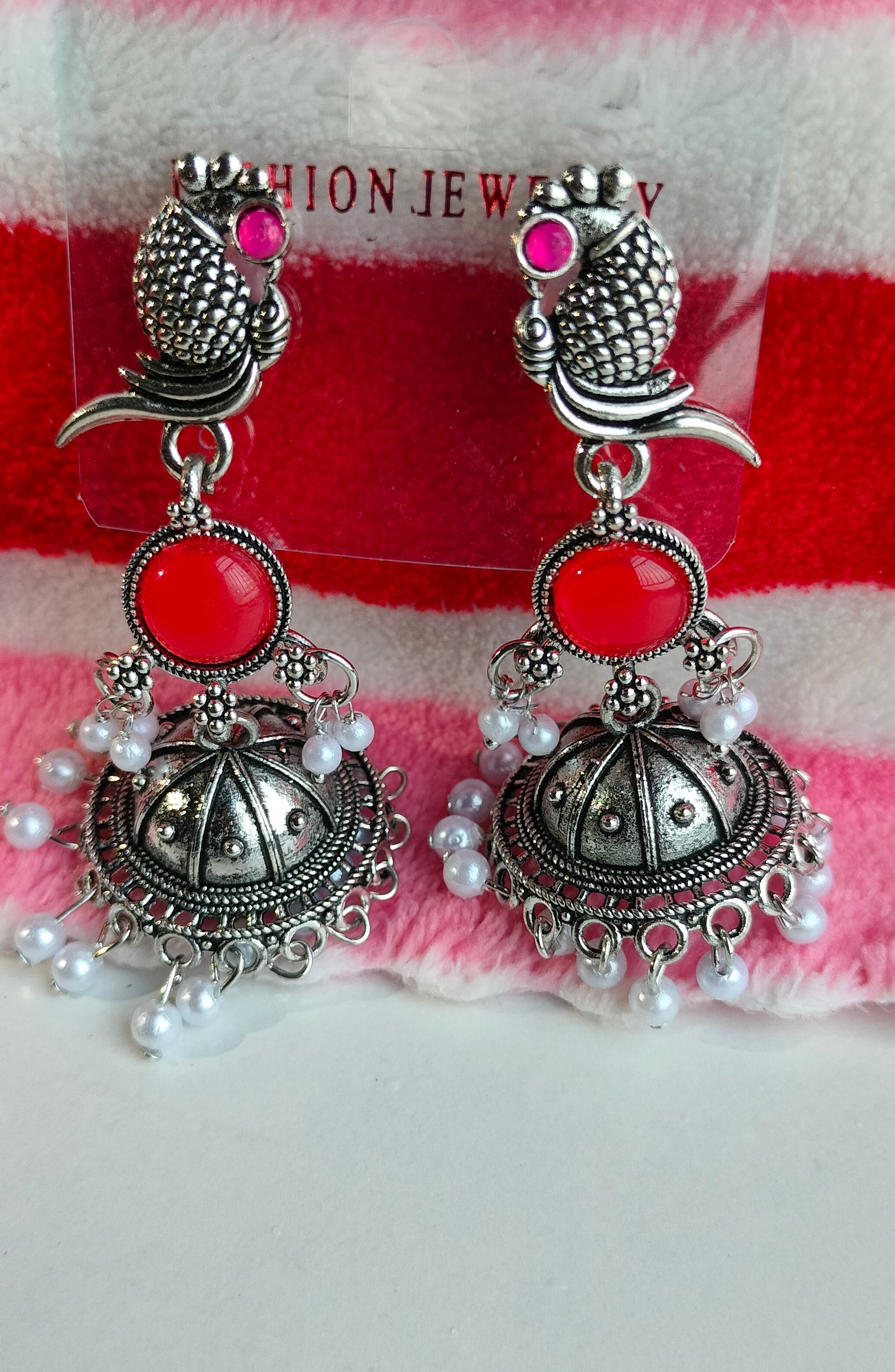 Oxidized Silver Peacock Jhumka Earrings with Red Stone & Pearl Drops – Traditional Ethnic Jewelry for Women