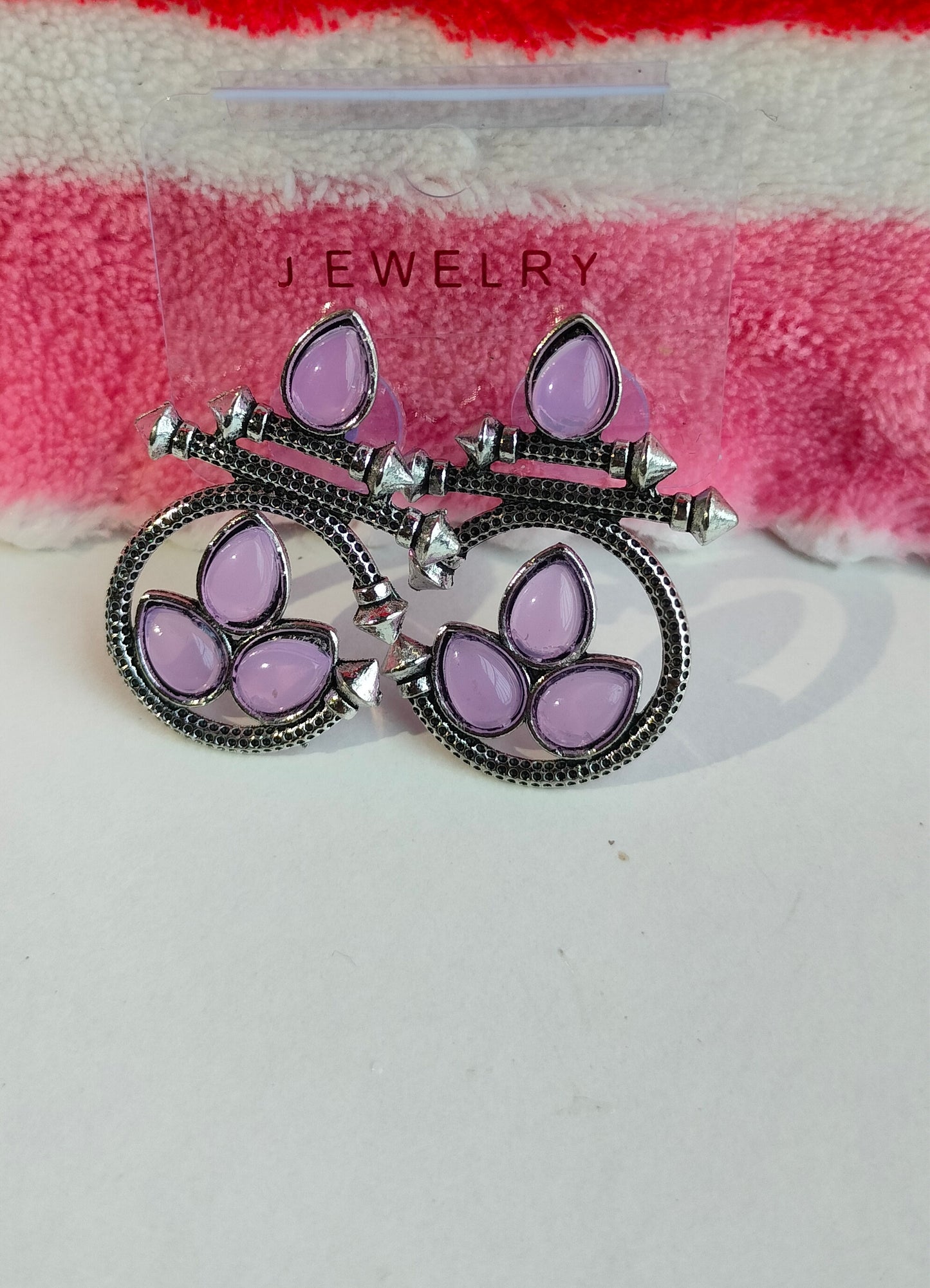 Designer Oxidised Silver Earrings with Purple Stones