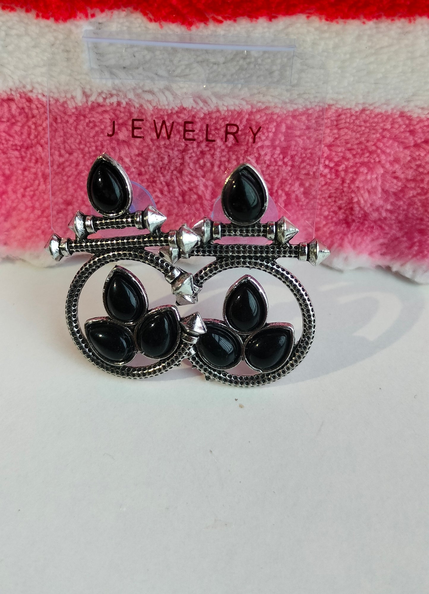 Designer Oxidised Silver Earrings with Black Stones