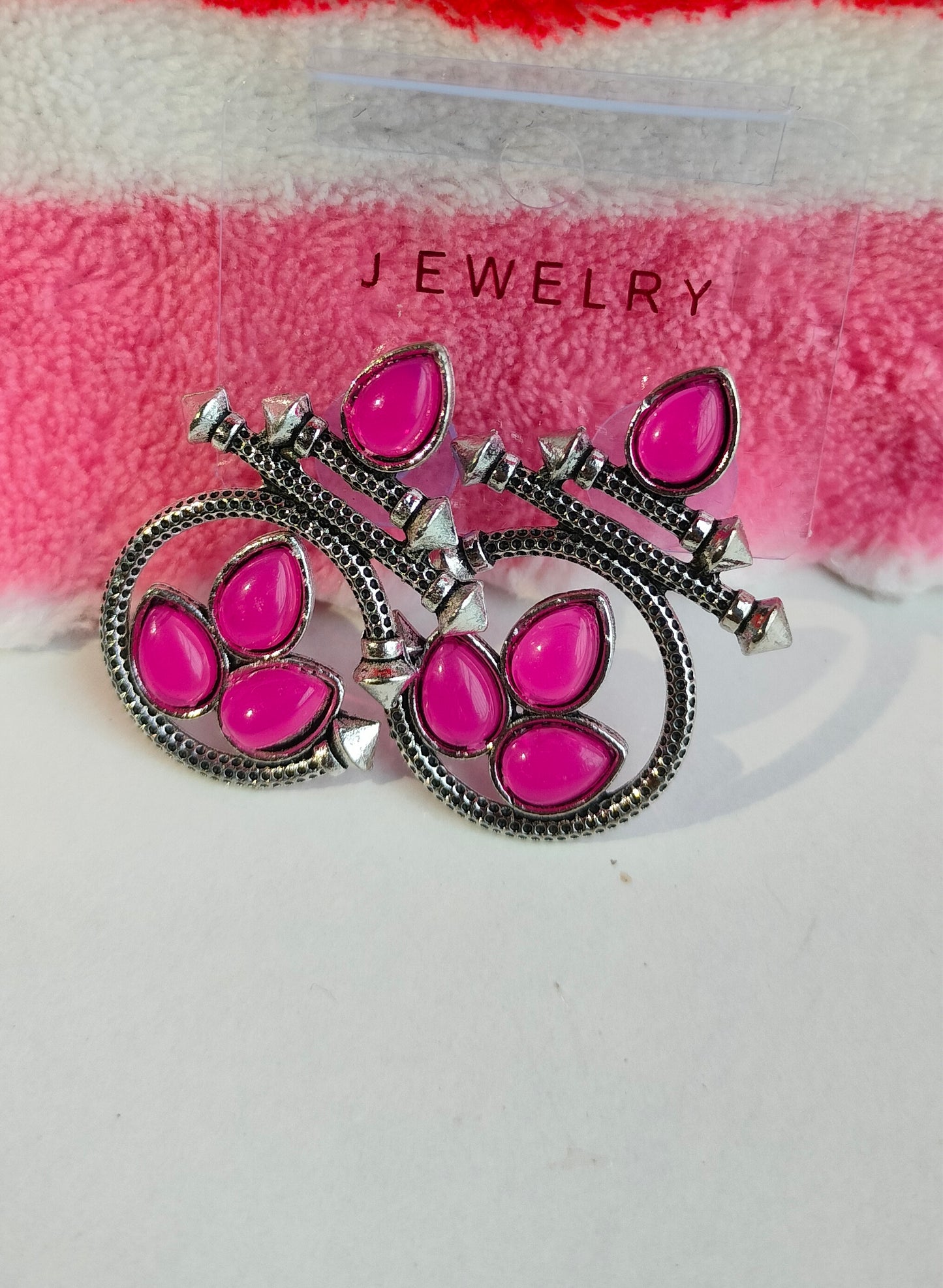 Designer Oxidised Silver Earrings with Rani Pink Stones