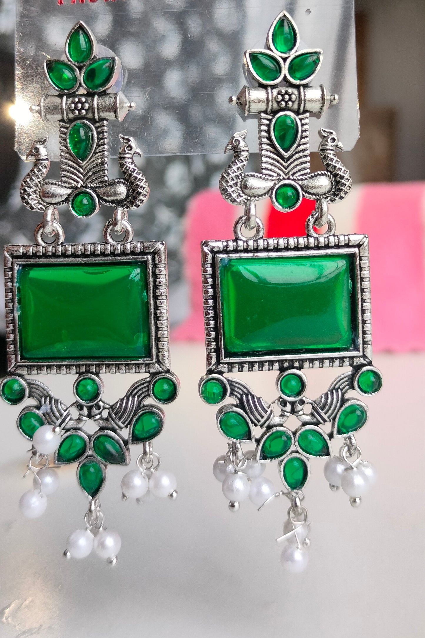 Oxidized Silver Peacock Dangler Earrings with Green Stone & Pearl Drops – Ethnic Party Wear Jewelry for Women