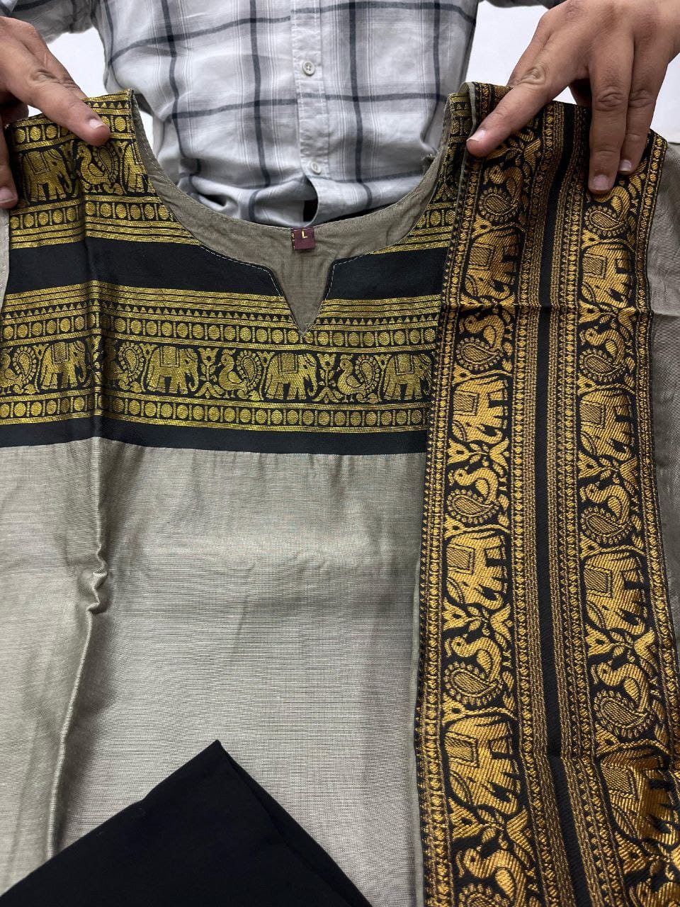 Beautiful Grey Colored South Cotton  Kurti-Leggings With Dupatta set