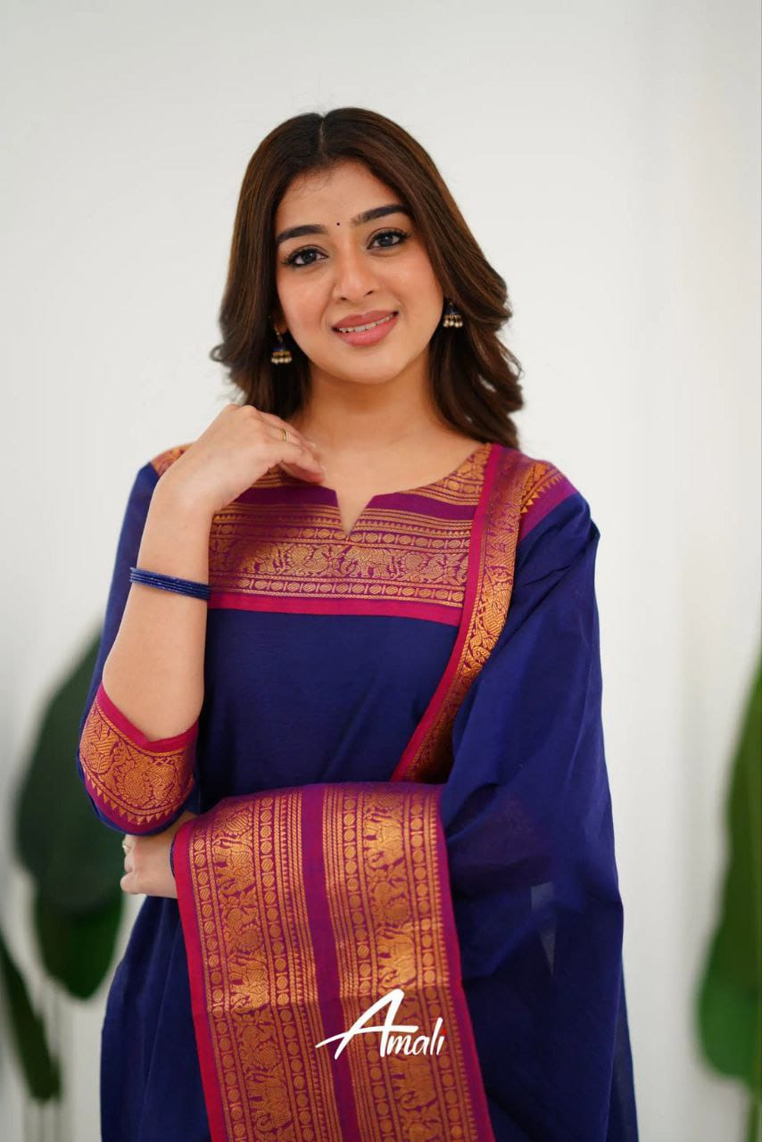 Beautiful Royal Blue Colored South Cotton  Kurti-Leggings With Dupatta set