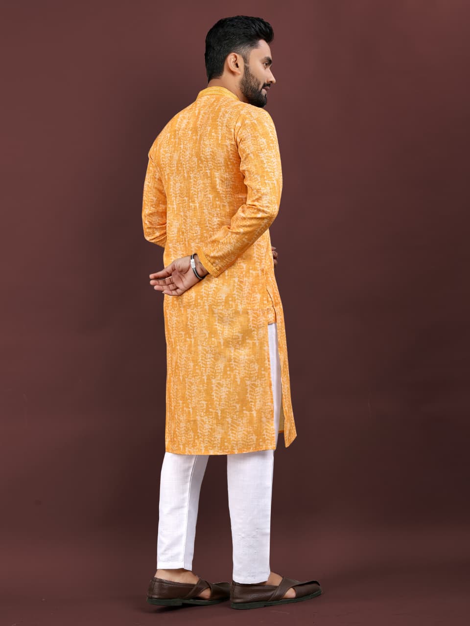 Mens Traditional Wear Yellow Colored Semi Linen Digital Printed Kurta