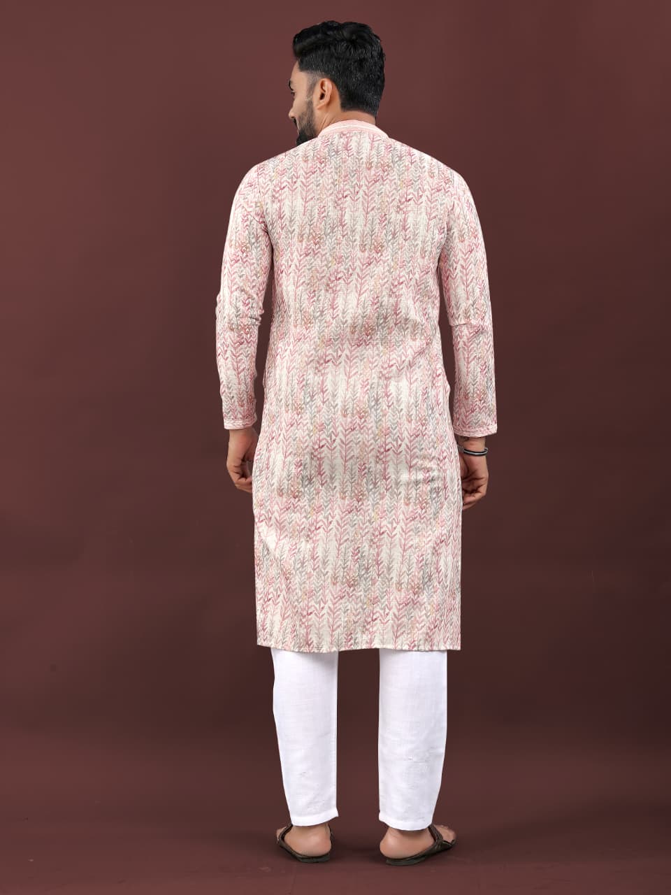 Mens Traditional wear Pink Colored Semi Linen Digital Printed Kurtas