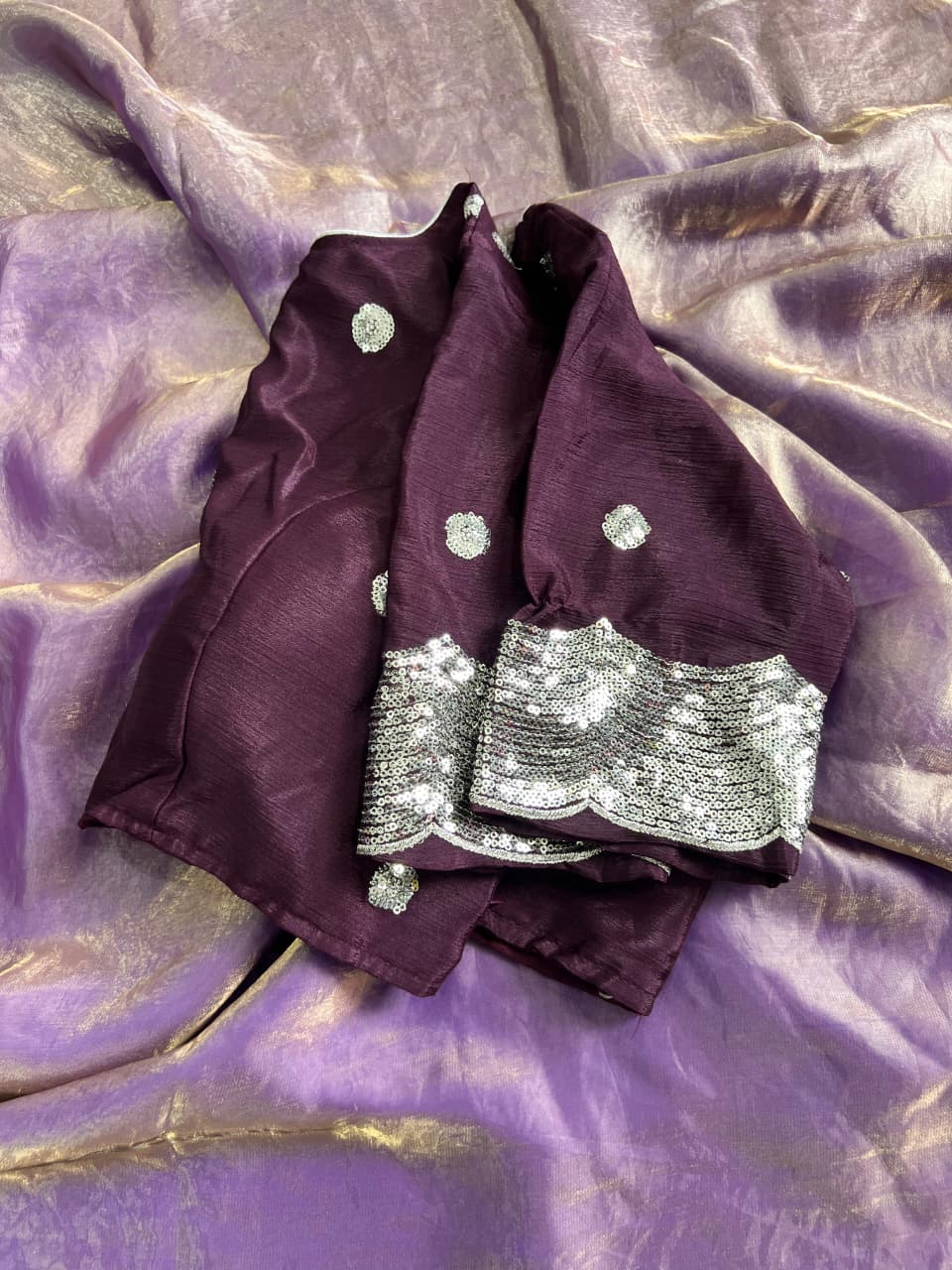 New Space Silk Purple Colored Saree With Full-Stitched Embroidery Blouse