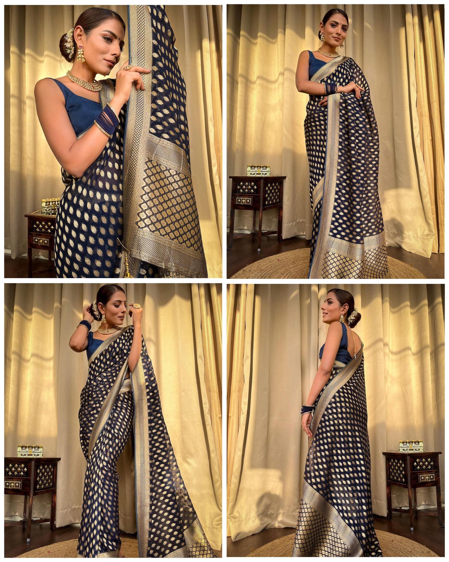 Embracing Navy Blue Colored Soft Lichi Silk Saree with Heavy Jacquard Work & Rich Border