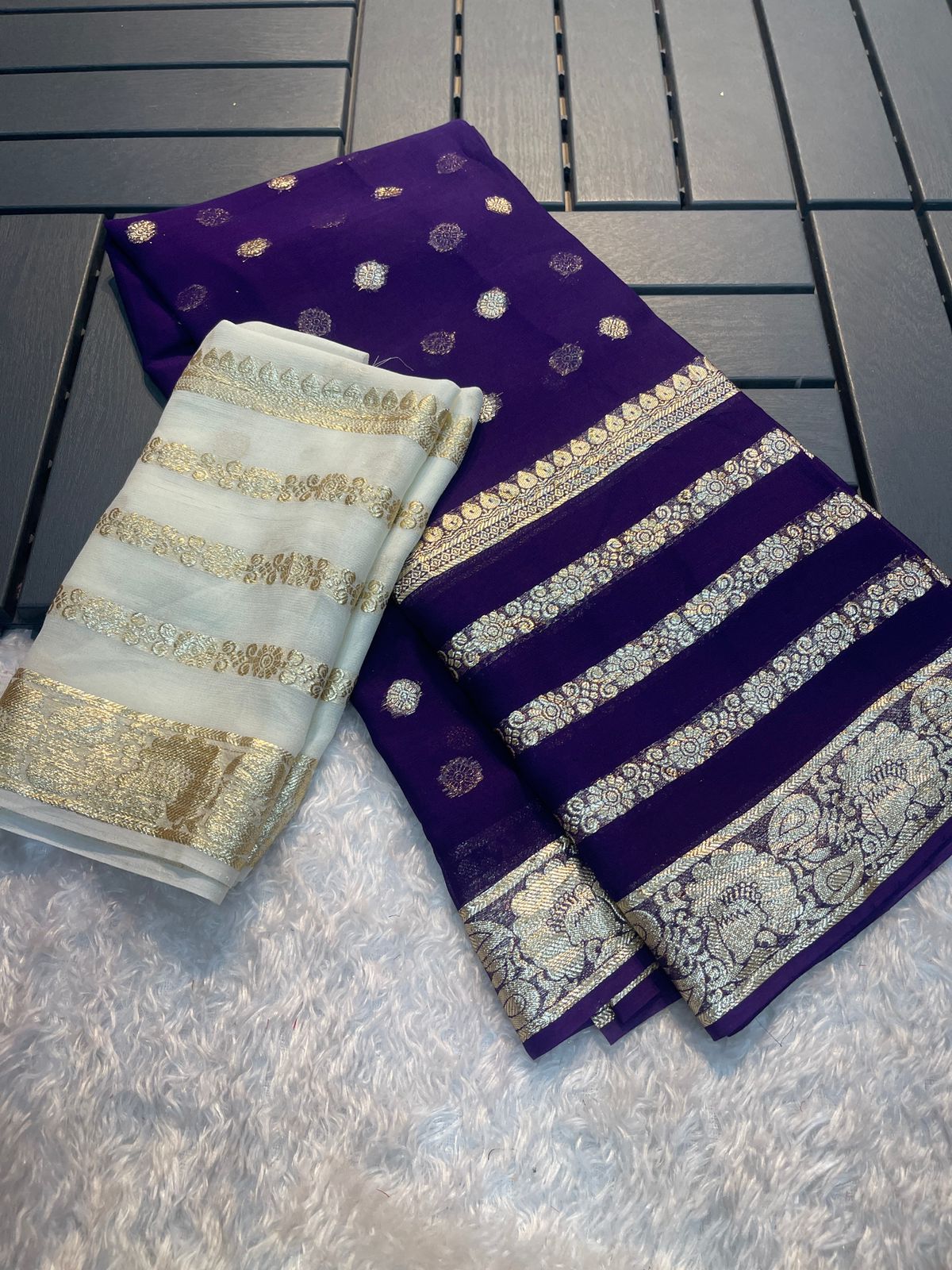 Premium Purple & White Colored Viscose Georgette Saree with Running Blouse