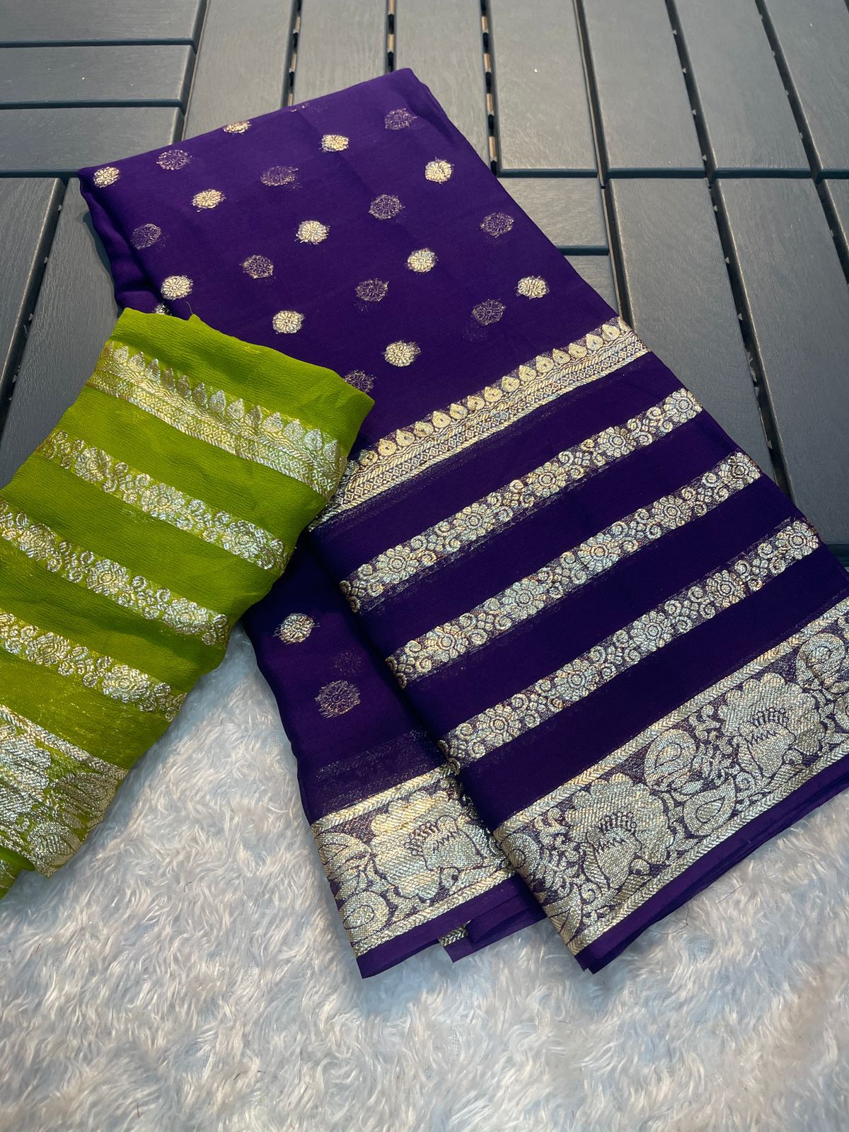 Premium Purple & Green Colored Viscose Georgette Saree with Running Blouse