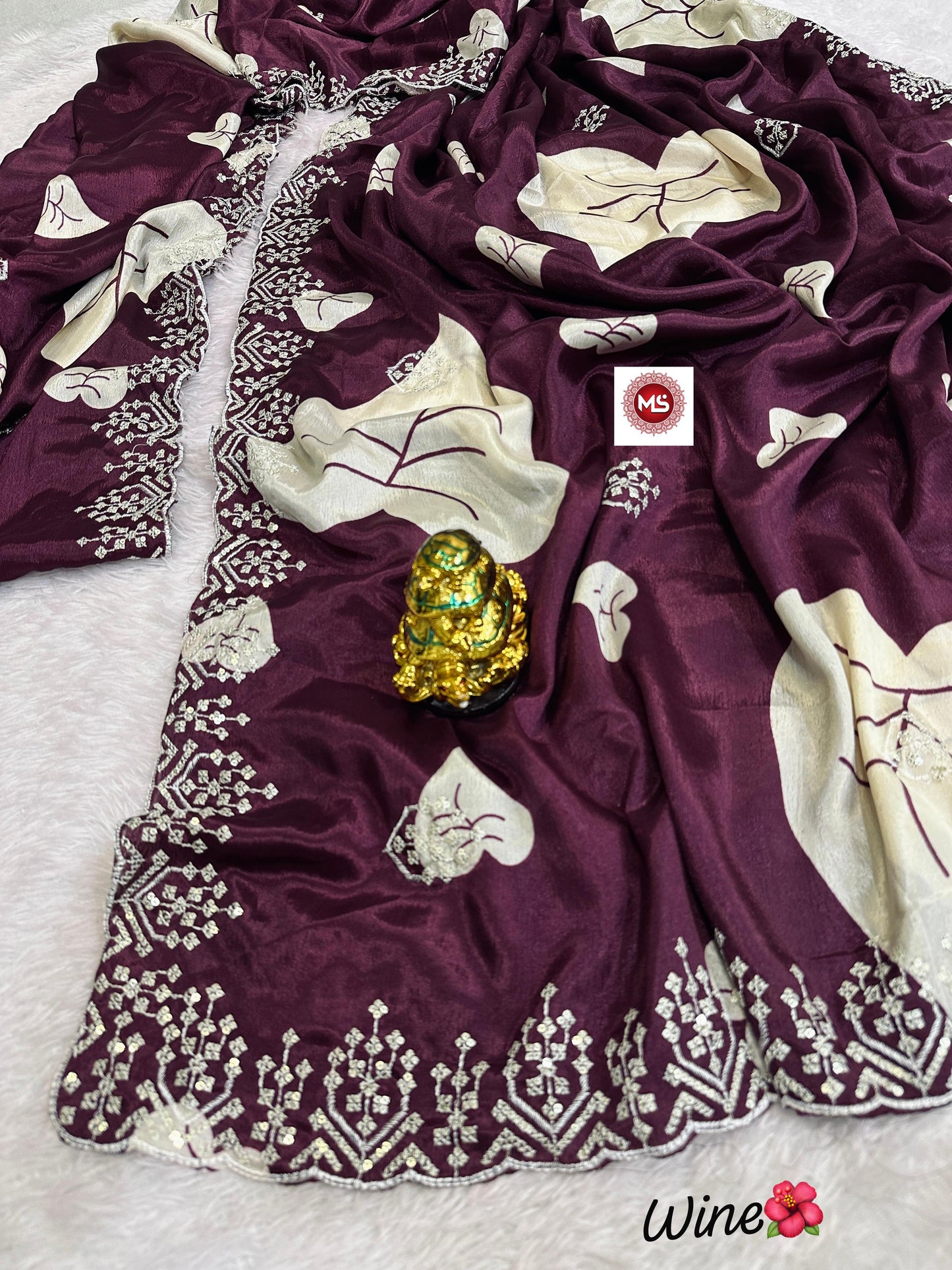 Premium Fancy Wine Colored Chinon Silk Sequin & Multi Embroidery Saree with Concept Pallu & Matching Blouse