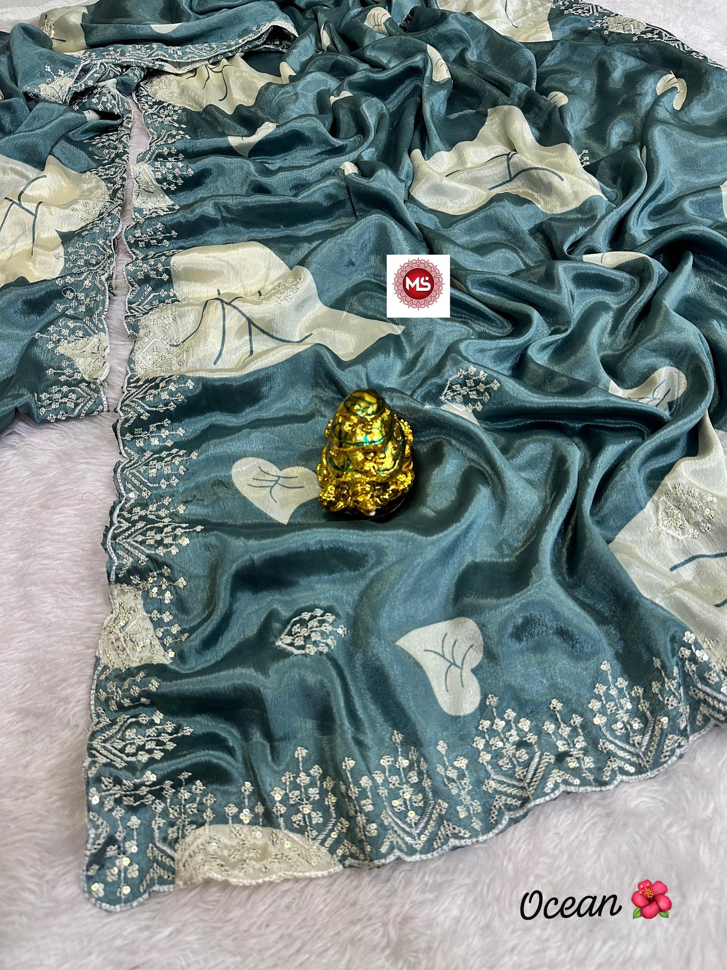 Premium Fancy Ocean Blue Colored Chinon Silk Sequin & Multi Embroidery Saree with Concept Pallu & Matching Blouse