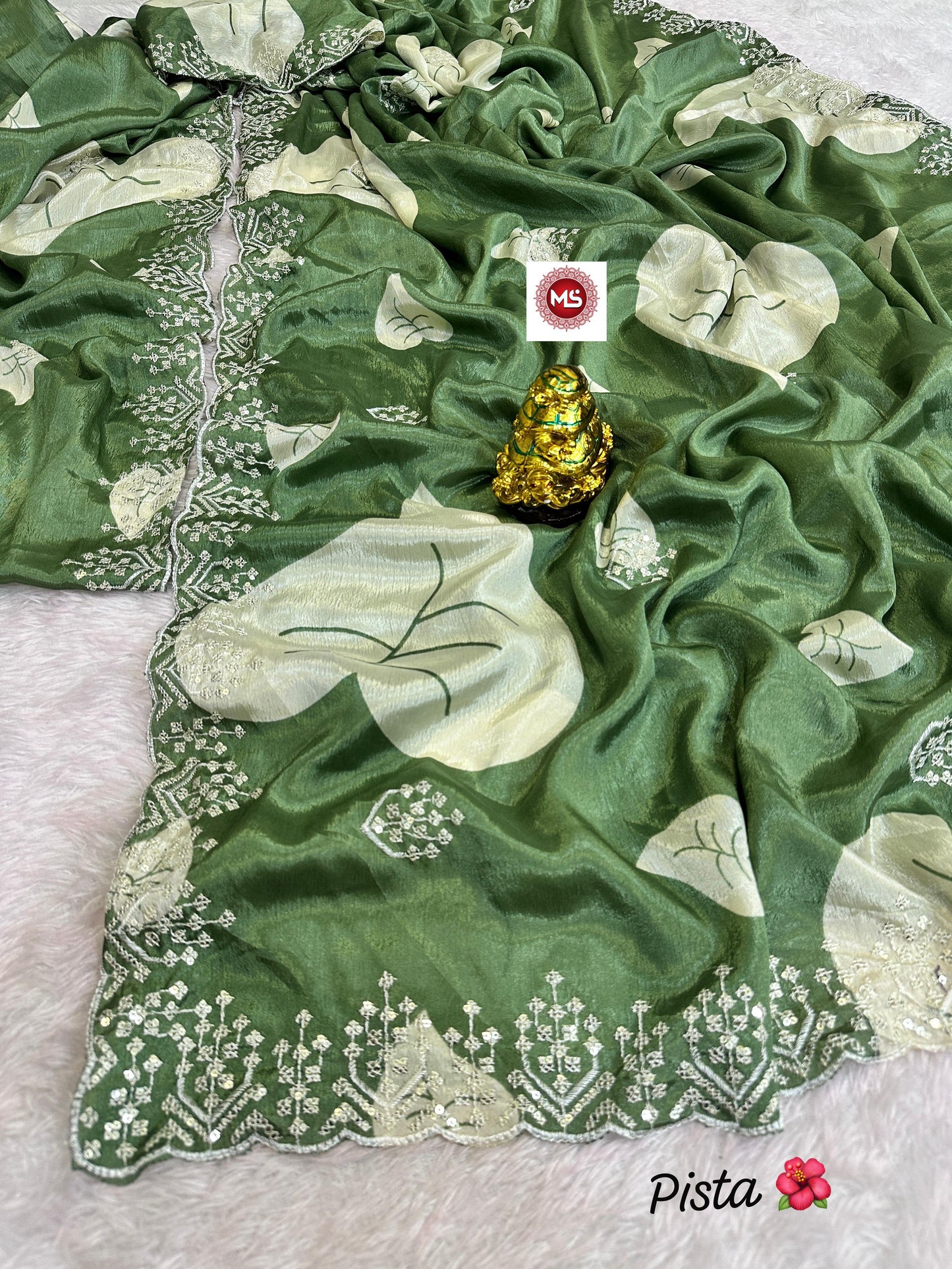 Premium Fancy Pista Colored Chinon Silk Sequin & Multi Embroidery Saree with Concept Pallu & Matching Blouse