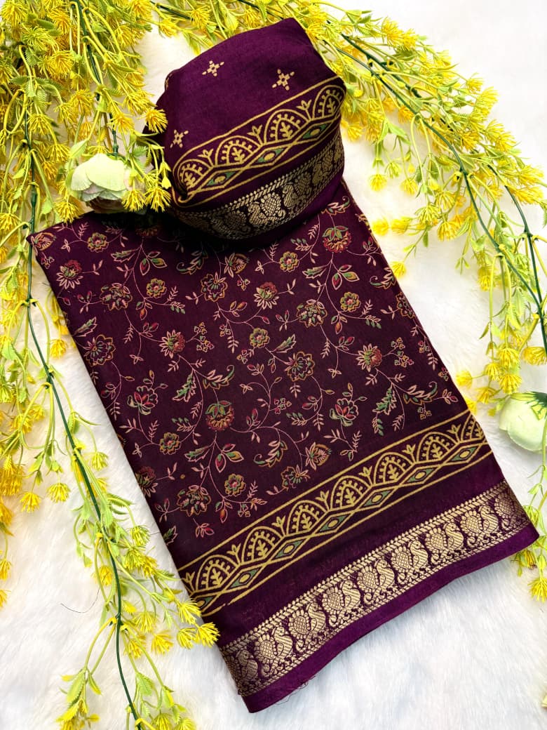 Soft Mul Mul Cotton Wine Colored Silk Pen Kalamkari Saree with Contrast Zari Hamsa Border