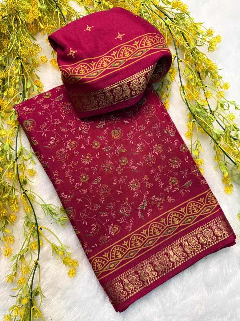 Soft Mul Mul Cotton Rani Pink Colored Silk Pen Kalamkari Saree with Contrast Zari Hamsa Border
