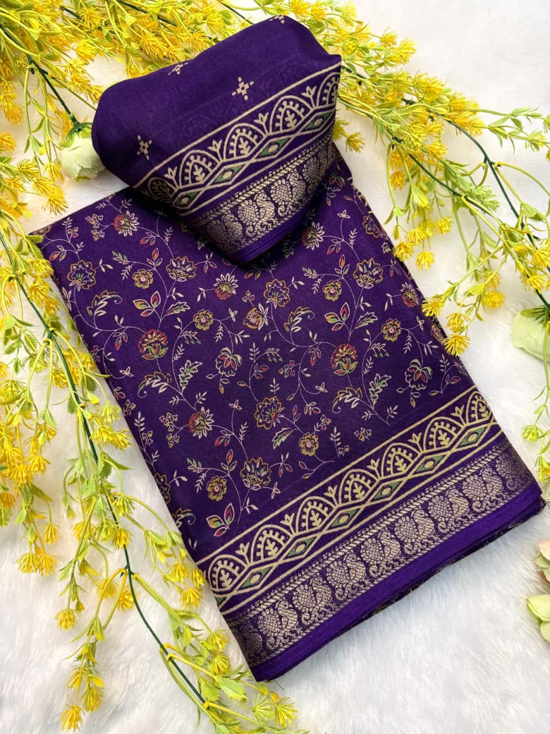 Soft Mul Mul Cotton Purple Colored Silk Pen Kalamkari Saree with Contrast Zari Hamsa Border