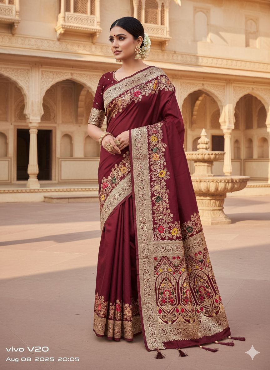 Premium Marron Dolla Silk Gala Saree with Rich Zari Pallu, Woven Border & Tassels