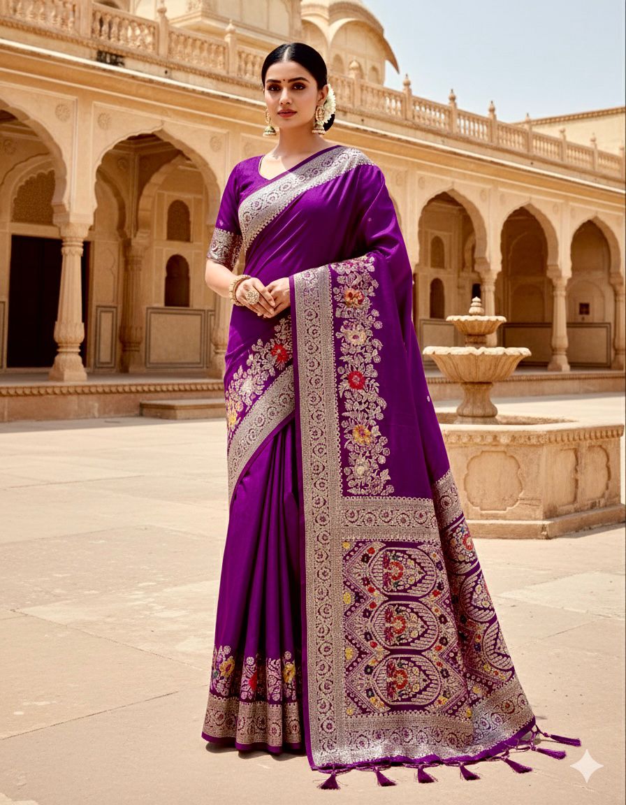 Premium Purple Dolla Silk Gala Saree with Rich Zari Pallu, Woven Border & Tassels