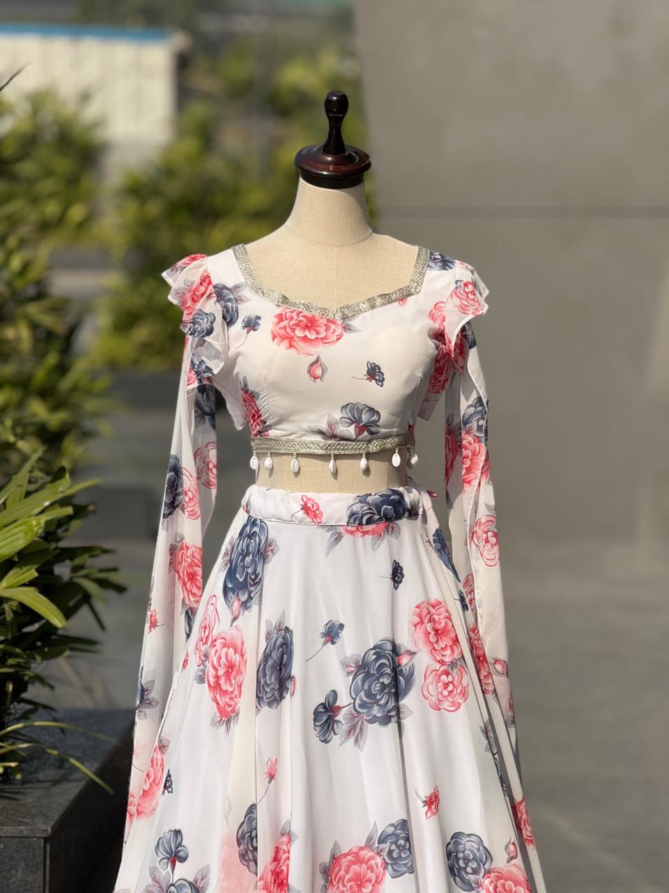 Exclusive White Colored Kalamkari Printed Georgette Lehenga Choli with Designer Lace Blouse – Ready to Wear