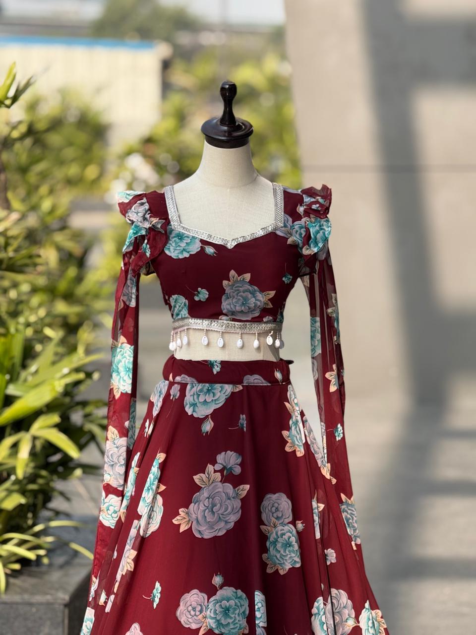 Exclusive Maroon Colored Kalamkari Printed Georgette Lehenga Choli with Designer Lace Blouse – Ready to Wear