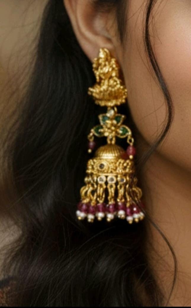 Lakshmi Gold-Finish Maroon Jhumka Earrings with Green Beads & Pearl Drops