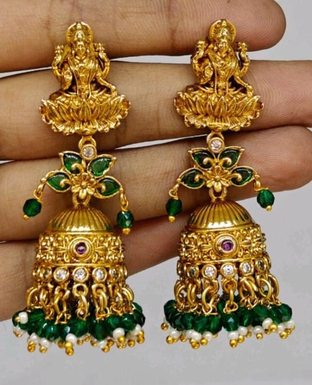 Lakshmi Gold-Finish Jhumka Earrings with Green Beads & Pearl Drops