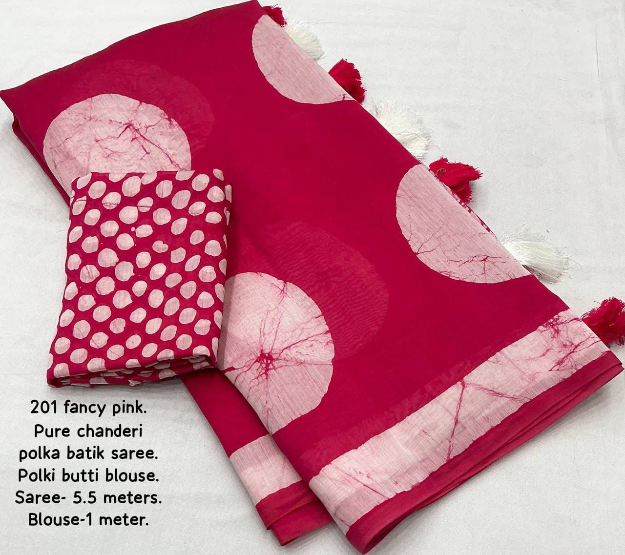 Magic Rani Pink Colored Cotton Pure Chanderi Batik Polka Saree with Tassel Pallu – Handcrafted Premium Cotton Saree