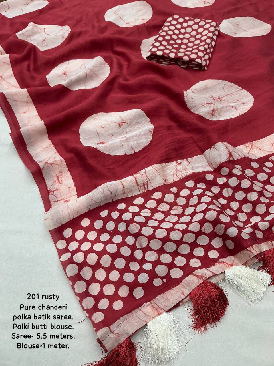 Magic Maroon Colored Cotton Pure Chanderi Batik Polka Saree with Tassel Pallu – Handcrafted Premium Cotton Saree