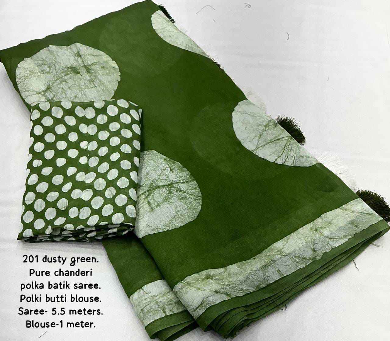 Magic Light Green Colored Cotton Pure Chanderi Batik Polka Saree with Tassel Pallu – Handcrafted Premium Cotton Saree
