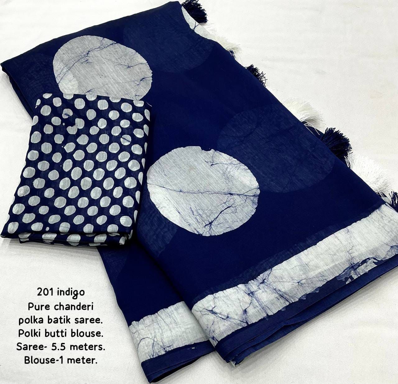 Magic Navy Blue Colored Cotton Pure Chanderi Batik Polka Saree with Tassel Pallu – Handcrafted Premium Cotton Saree