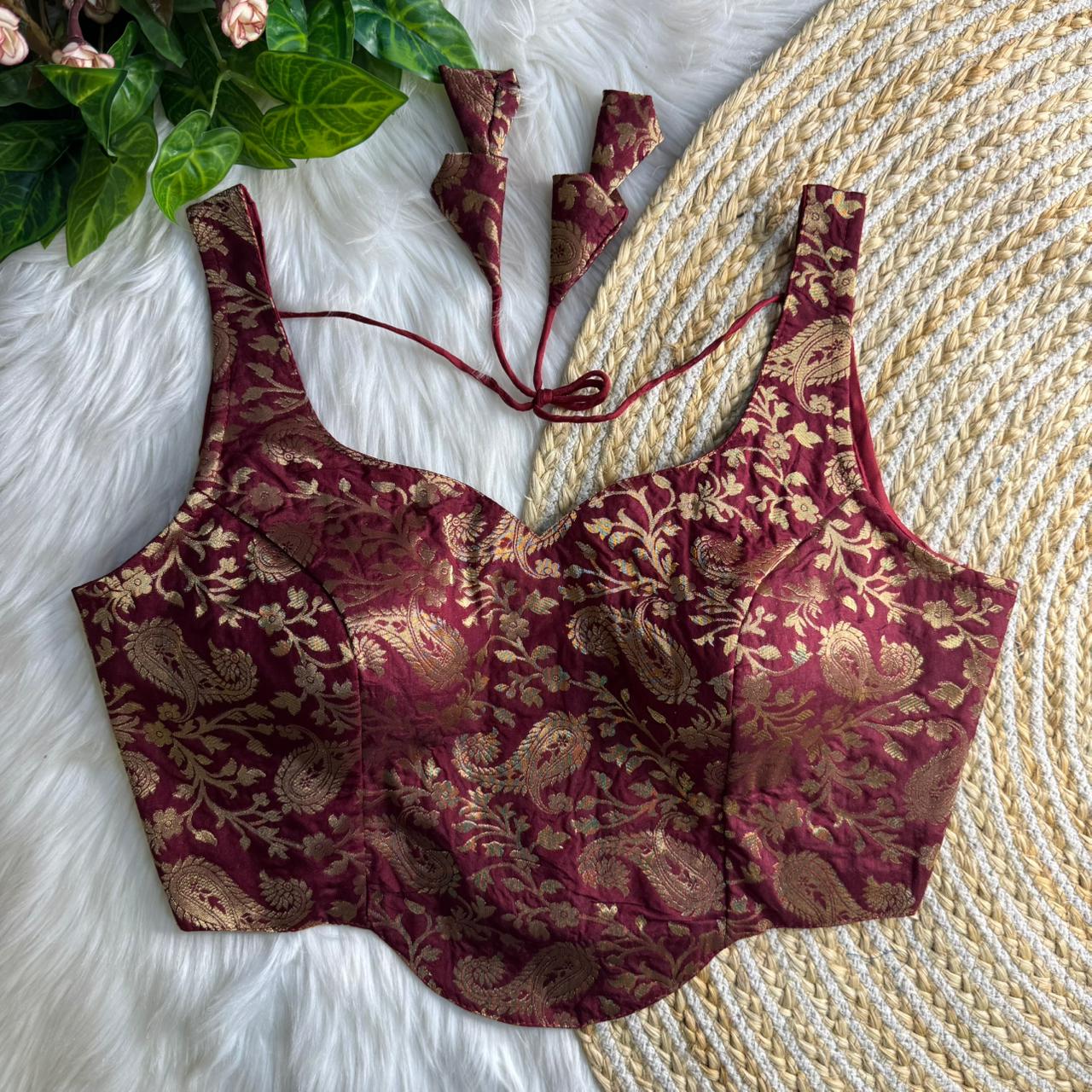 Heavy Maroon Colored Banarasi Blouse with Jari Work & Latkans – Padded Partywear Back Open Blouse