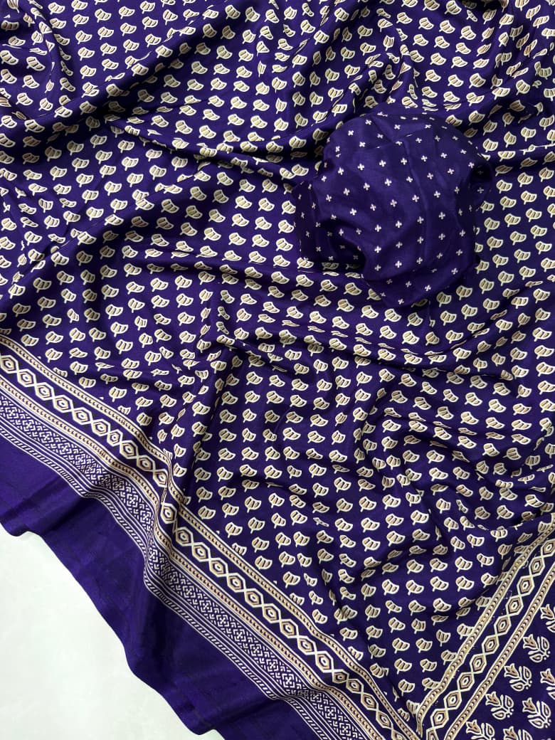Premium Navy Blue Colored Ajrakh Gajji Crepe Silk Saree with Blouse – Pure Crepe Silk Designer Saree (6.30m)