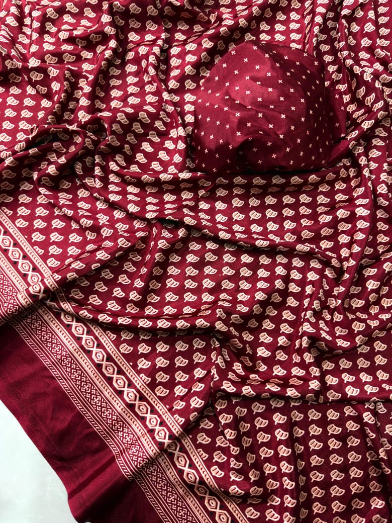 Premium Maroon Colored Ajrakh Gajji Crepe Silk Saree with Blouse – Pure Crepe Silk Designer Saree (6.30m)