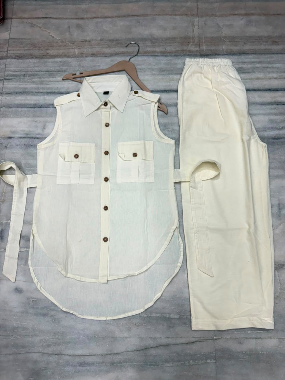 Premium Beige Colored Cotton Flax Co-Ord Set for Women with Adjustable Back Belt & Side Pockets