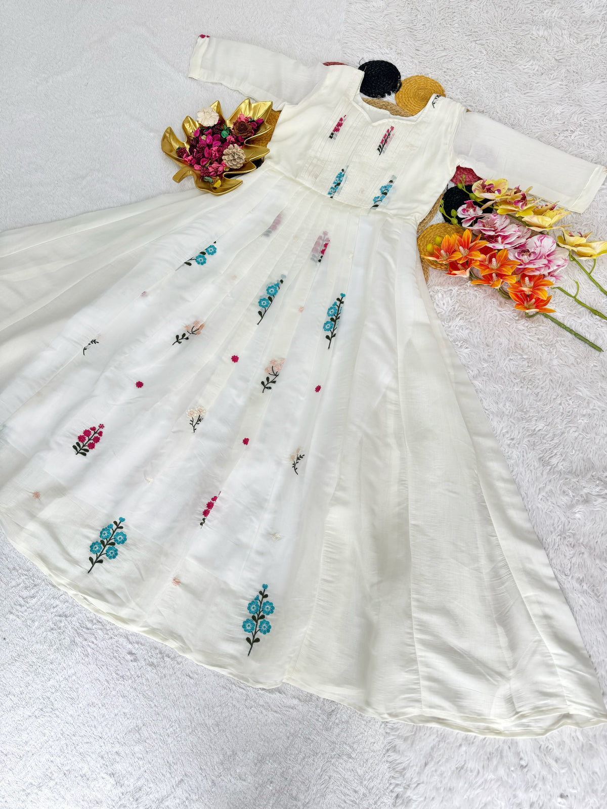 Festival Special Embroidered Mul Cotton White Colored Gown