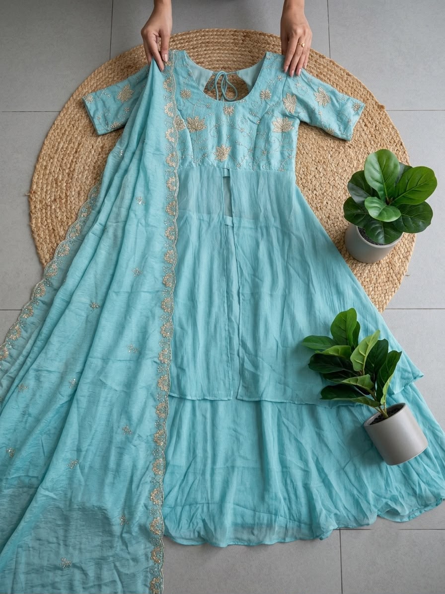 Premium Power Blue Colored Rangoli Crush Gown with Dupatta