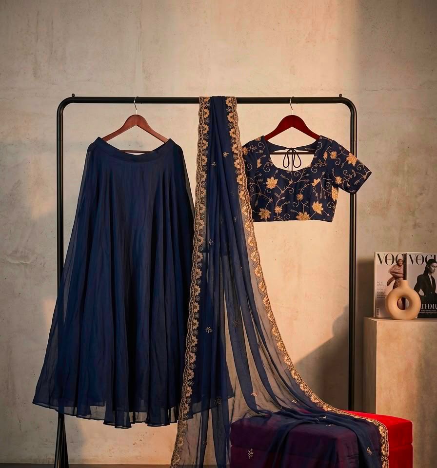 Premium Navy Blue Colored Rangoli Crush Gown with Dupatta