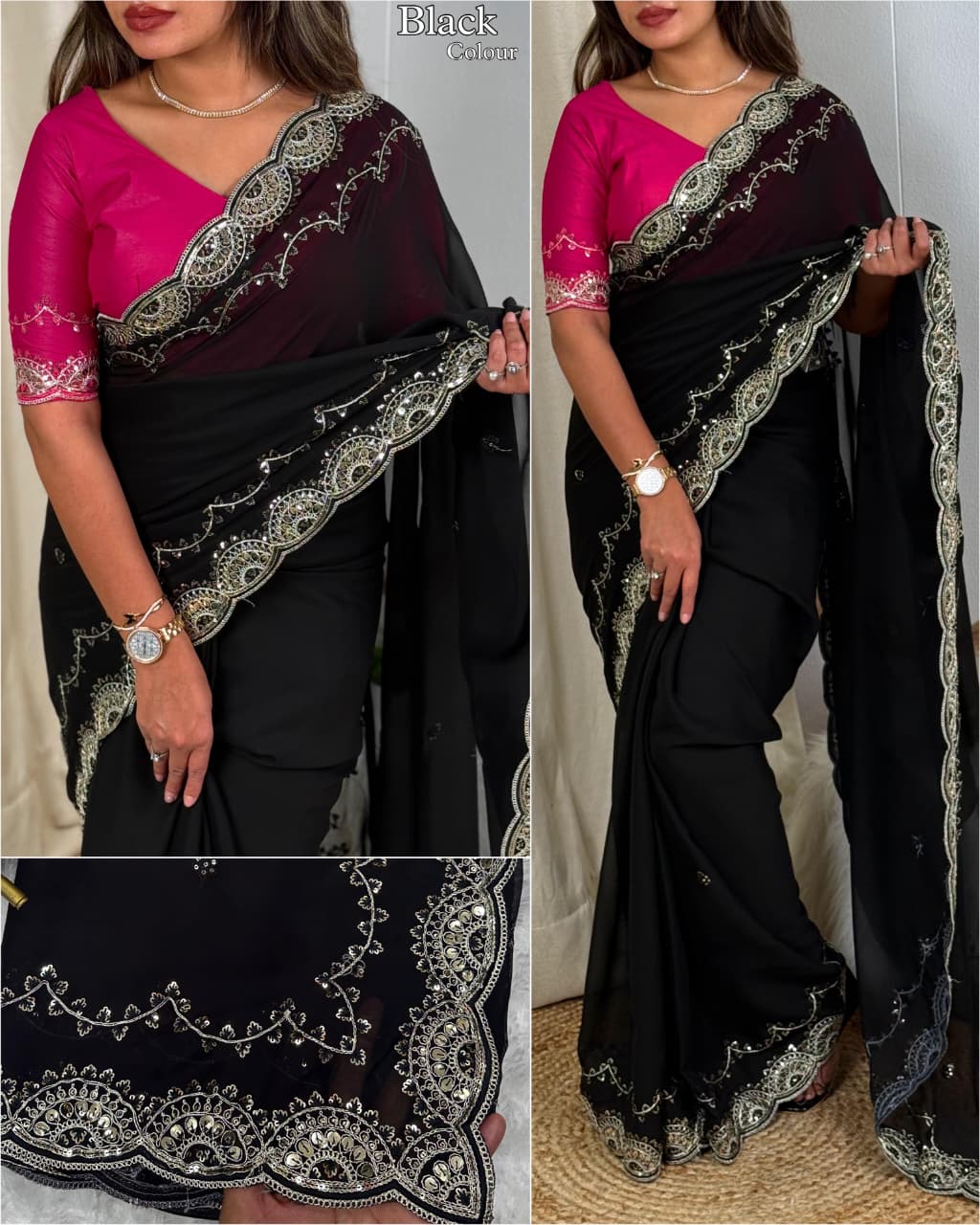 Premium Crystal Black Colored Rangoli Silk Party Wear Saree with Coding & Sequin Work and Matching Blouse