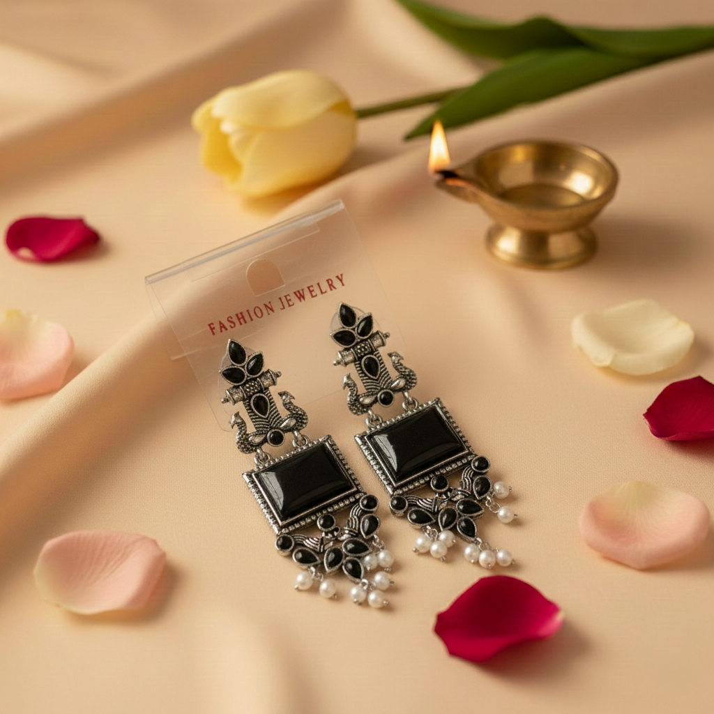 Oxidized Silver Peacock Dangler Earrings with Black Stone & Pearl Drops – Ethnic Party Wear Jewelry for Women
