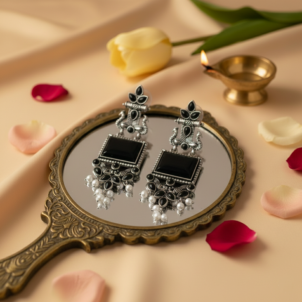 Combo of Oxidized Silver Peacock Dangler Earrings – Green Stone & Black Stone Set