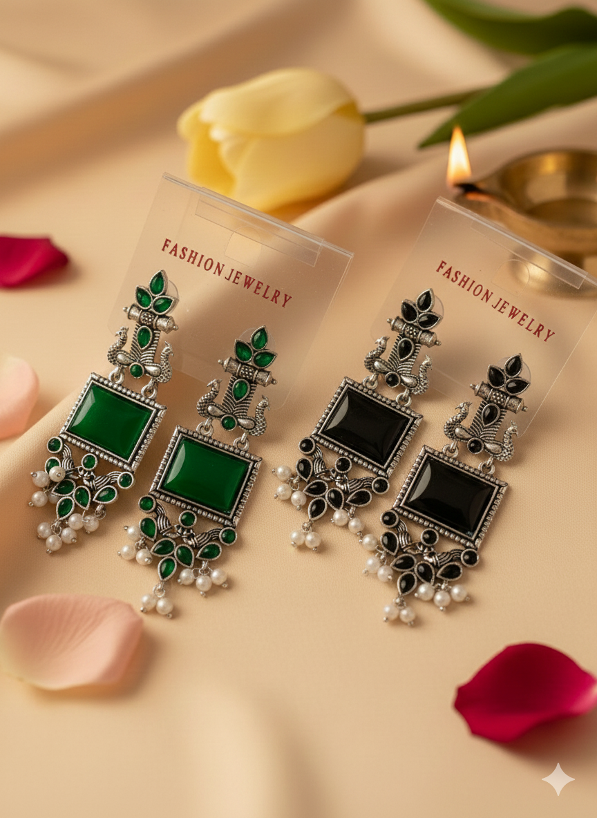 Combo of Oxidized Silver Peacock Dangler Earrings – Green Stone & Black Stone Set